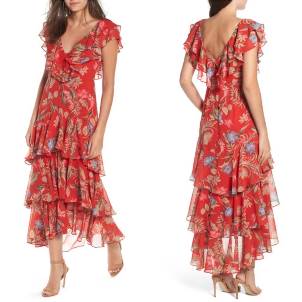 Wayf Chelsea Size XS Red Tiered Ruffle Floral Tropical Maxi Dress Formal Plants
